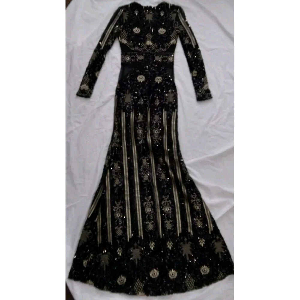 Fashion Nova Dress Black Gold Sequin Floral Embroidered Evening Gown Size Small - Picture 13 of 16
